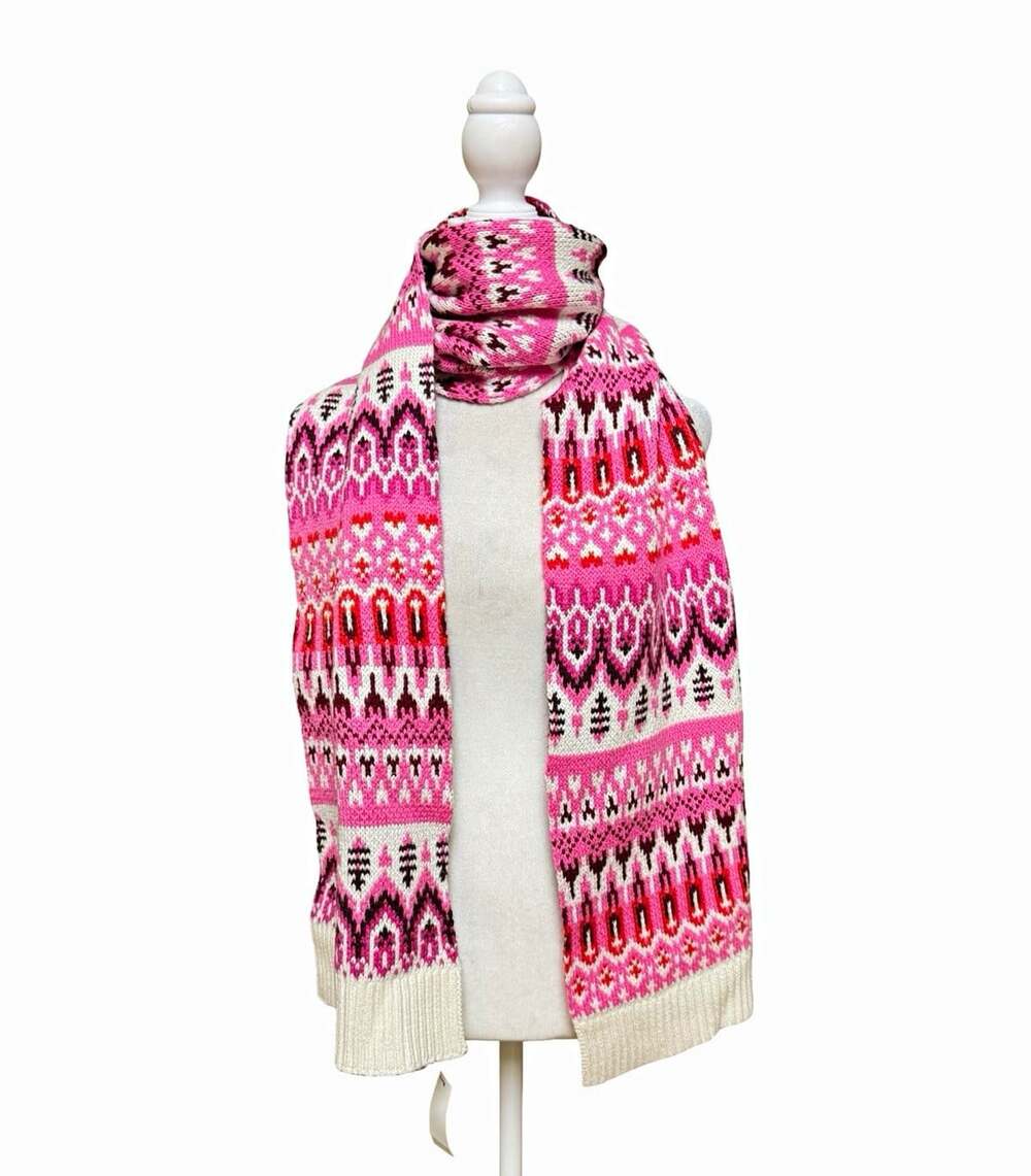 NWT Talbots Fair Isle Knit Scarf Pink Ivory Winter Holiday 73” x 11”